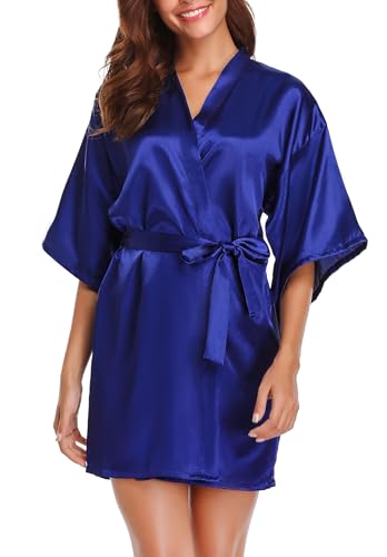 Wikoan Damen Kimono Robe Satin Bademantel Kurz Mit Gürtel Seide Morgenmantel V-Ausschnitt Bademäntel Nachtwäsche Königsblau L von Wikoan