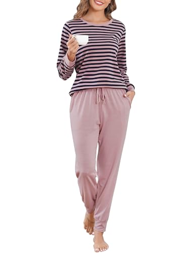 Wikoan Damen Schlafanzug Baumwolle Pyjama Winter Rundhals Hausanzug Damen Nachtwäsche Pyjama Oberteil und Hose Lang Dunkles Rosa XL von Wikoan
