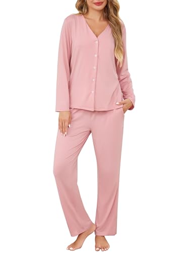 Wikoan Damen Schlafanzug Baumwolle Zweiteiliger Pyjama mit Knopfleiste Nachtwäsche Set Weich Hausanzug Langarm Oberteil und Pyjamahose Rosa M von Wikoan