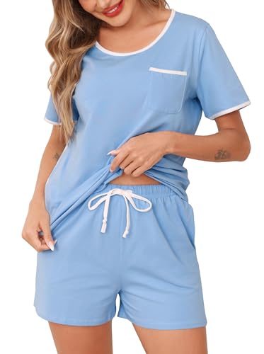 Wikoan Damen Schlafanzug Kurz Pyjama Baumwolle Zweiteiliger Nachtwäsche Sommer Shorty Schlafanzug Kurzarm Loungewear Pyjama Sets Hellblau S von Wikoan