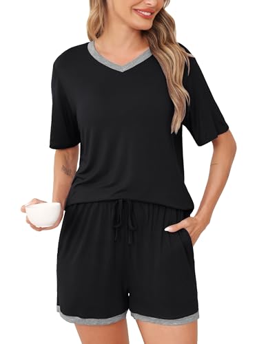 Wikoan Damen Schlafanzug Kurz Pyjama Set Weich Sommer Nachtwäsche Kurzarm V Aussschnitt Schlafanzüge Sleepwear mit Kordelzug Schwarz M von Wikoan