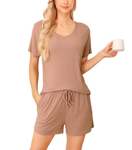 Wikoan Damen Schlafanzug Kurz Pyjama Set Zweiteiliger Loungewear V-Ausschnitt Schlafanzug Frauen Kuschelig Matching Pyjamas Schokolade M von Wikoan