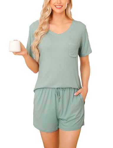 Wikoan Damen Schlafanzug Kurz Pyjama Sommer Zweiteiliger Pyjama Set V-Ausschnitt Lounge Set Kuschelig Loungewear Nachtwäsche Hellgrün L von Wikoan