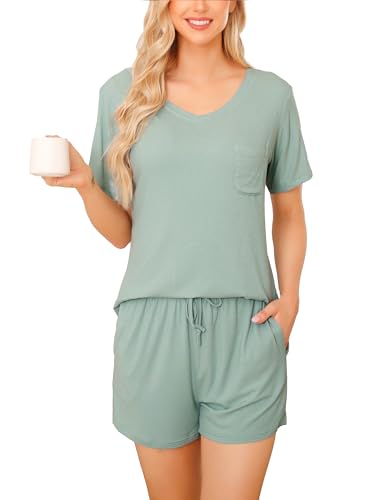 Wikoan Damen Schlafanzug Kurz Pyjama Sommer Zweiteiliger Pyjama Set V-Ausschnitt Lounge Set Kuschelig Loungewear Nachtwäsche Hellgrün L von Wikoan