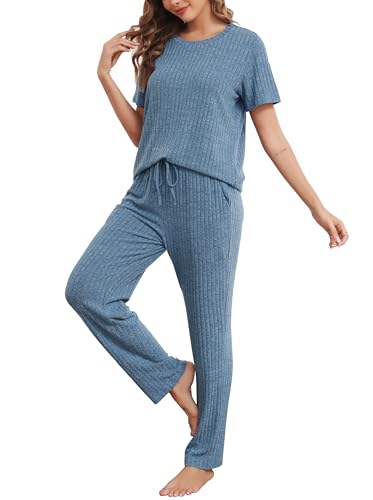Wikoan Damen Schlafanzug Lang Zweiteiler Pyjama Set Kurzarm Top mit Hose Nachtwäsche Pyjama Rippenstrick Hausanzug mit Taschen Kobaltblau XXL von Wikoan