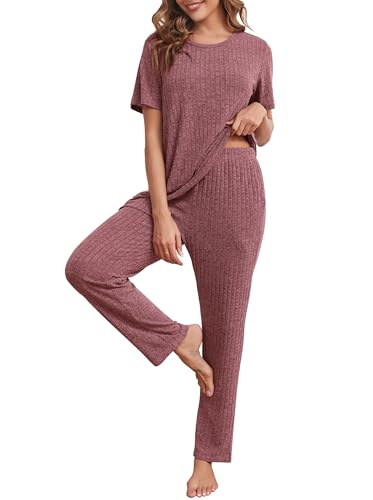 Wikoan Damen Schlafanzug Lang Zweiteiler Pyjama Set Kurzarm Top mit Hose Nachtwäsche Pyjama Rippenstrick Loungewear mit Taschen Burgunderrot XL von Wikoan