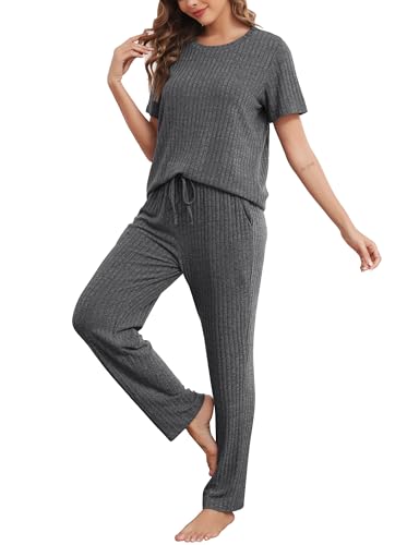 Wikoan Damen Schlafanzug Lang Zweiteiler Pyjama Set Kurzarm Top mit Hose Nachtwäsche Pyjama Rippenstrick Loungewear mit Taschen Dunkelgrau XL von Wikoan