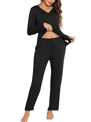 Wikoan Damen Schlafanzug Lang Zweiteiler Pyjama Winter Langarm Schlafanzug Warm Pyjama Set Einfarbig Weich Nachtwäsche Schwarz XL von Wikoan