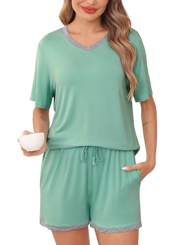 Wikoan Damen Schlafanzug Sommer Pyjama Kurz Nachtwäsche Set Frauen Zweiteiliger Weich Pyjama Kurzarm Schlafanzüge mit Taschen Hellgrün XL von Wikoan