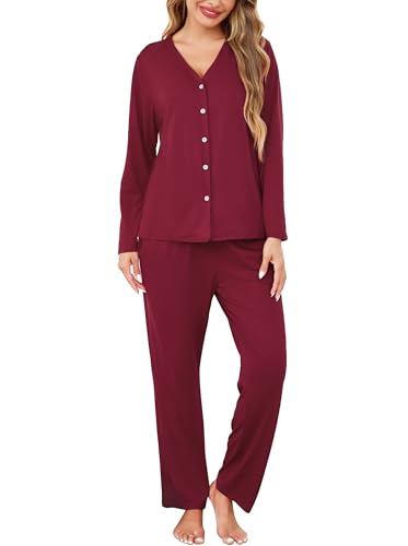 Wikoan Damen Schlafanzug mit Knöpfen Lang Pyjama Warmer Schlafanzüge für Damen Baumwolle Hausanzug Winter Zweiteiliger Pyjamas Set Burgunderrot S von Wikoan