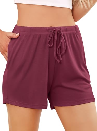 Wikoan Damen Schlafhose Kurz Schlafshorts Weicher Schlafanzughosen Freizeit Nachtwäsche Kurz Pyjamahose mit Taschen und Kordelzug Weinrot XL von Wikoan