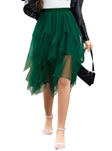 Wikoan Damen Tüll Rock Mehrlagig Mesh Damen Faltenrock Tüllrock Lang Unterrock Ballett Tutu Unregelmäßig A-Linie Rockabilly Rock Karneval Kostüm Dunkelgrün L von Wikoan