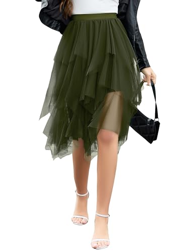 Wikoan Damen Tüll Röcke Hoher Taillierter Layered Puffy Fee Röcke A-Linie Midi Rock Unregelmäßiger Tutu A-Linie Faltenrock Sommerrock Party Rock Armeegrün L von Wikoan