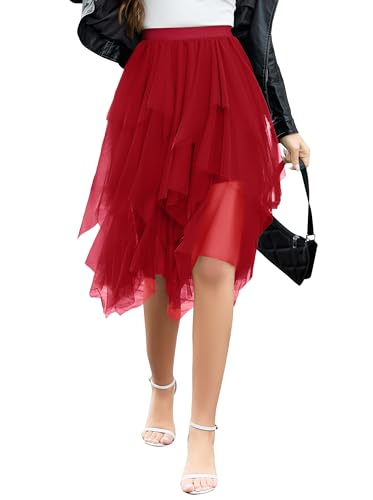 Wikoan Damen Tüll Röcke Hoher Taillierter Layered Puffy Fee Röcke A-Linie Midi Rock Unregelmäßiger Tutu A-Linie Faltenrock Sommerrock Party Rock Rot XL von Wikoan