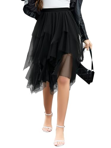 Wikoan Damen Tüllrock Lang Mehrlagig Mesh Damen Faltenrock Ballettrock Unregelmäßig Tüll Röcke A-Linie Sommerrock Petticoat Puffy Tutu Rock Schwarz S von Wikoan