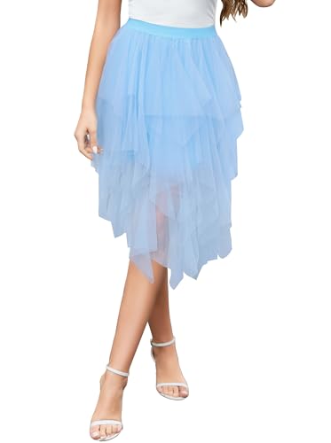 Wikoan Damen Tüllrock Mehrlagig Mesh Damen Faltenrock Stilvoll Midi Röcke Unregelmäßig A-Linie Prom Party Tutu Rock Karneval Kostüm Sommerrock Hellblau XXL von Wikoan