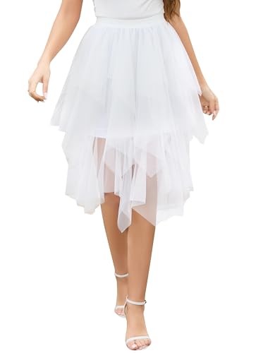 Wikoan Damen Unregelmäßiger Tüllrock Lang Mehrschichtiger Mesh Faltenrock A-Linie Hoher Taillierter Tüll Rock Ballett Tutu Karneval Party Sommer Rock Weiß XXL von Wikoan