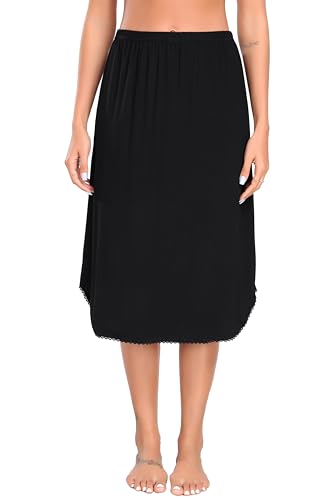 Wikoan Damen Unterrock Lang Rock Petticoat mit Spitzensaum Elastische Taille Halbe Slips Unsichtbar Unterkleid Unterröcke Kleider Schwarz M von Wikoan
