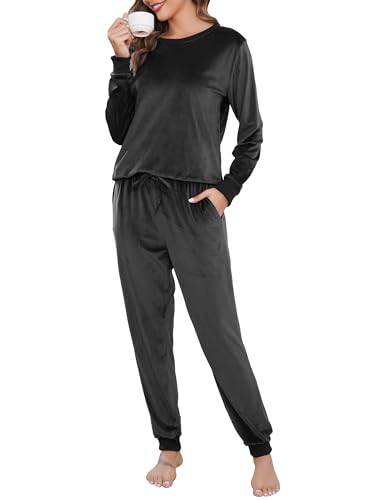 Wikoan Fleece Schlafanzug Damen Winter Zweiteiliger Pyjama Lang Rundhals Hausanzug Pyjama Set Nachtwäsche Oberteil und Hose Schwarz L von Wikoan