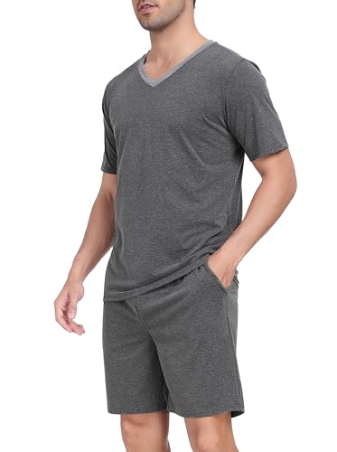 Wikoan Herren Pyjama Kurz Schlafanzug Sommer Pyjama Baumwolle V-Ausschnitt Nachtwäsche Kurzarm T-Shirt Schlafanzughose Shorty Anthrazitgrau M von Wikoan