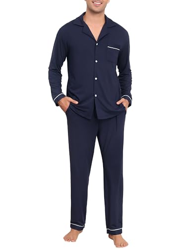 Wikoan Herren Pyjama Lang Warmer Schlafanzug Herren Winter Nachtwäsche Langarm Schlafanzug mit Knopfleiste Pyjamas Loungewear Marineblau M von Wikoan