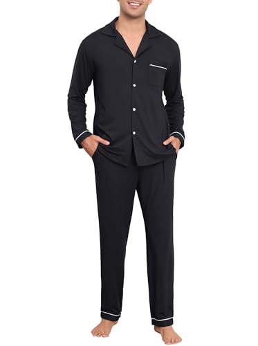 Wikoan Herren Pyjama Lang Warmer Schlafanzug Winter mit Knopfleiste Weiche Pyjama Set Zweiteiliger Nachtwäsche Langarm Loungewear Schwarz XXL von Wikoan