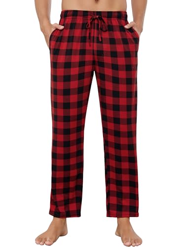 Wikoan Herren Pyjamahose Lang Karierte Schlafhose Superweich Pyjamahosen mit Taschen Baumwolle Schlafanzug Hosen Freizeithose für Männer Rot Schwarz XXL von Wikoan