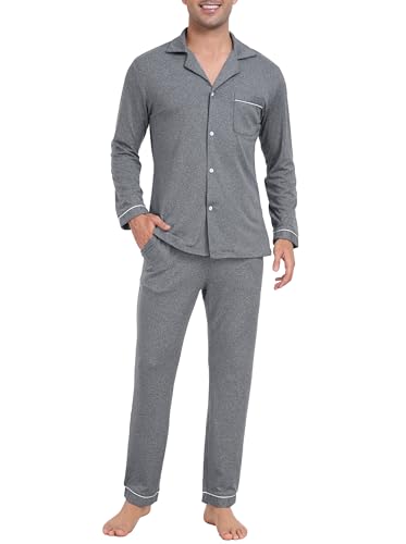 Wikoan Herren Schlafanzug Lang mit Knopfleiste Warmer Schlafanzug Herren Winter Pyjama Langarm Nachtwäsche Loungewear Pyjama Set Grau S von Wikoan