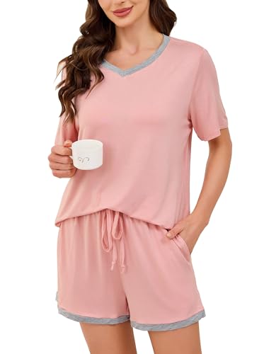 Wikoan Kurz Pyjama Damen Schlafanzug Sommer Nachtwäsche Set Zweiteiliger Kurzarm Pyjama Sets Weich Schlafanzüge Sleepwear mit Kordelzug Rosa XL von Wikoan