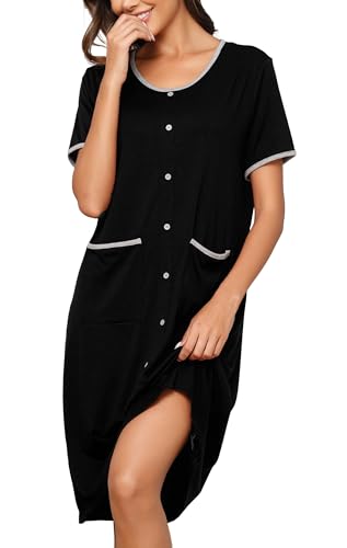 Wikoan Kurzarm Nachthemd Rundhalsausschnitt Damen Nachthemd mit Dekor Knöpfe Weich Schlafhemd Damen Schlafshirt mit Taschen Schwarz L von Wikoan