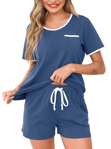 Wikoan Kurzer Schlafanzug Damen Pyjama Baumwolle Shorty Pyjama Sommer Nachtwäsche Frauen Zweiteiliger Kurzarm Schlafanzüge Sleepwear Kobaltblau XXL von Wikoan