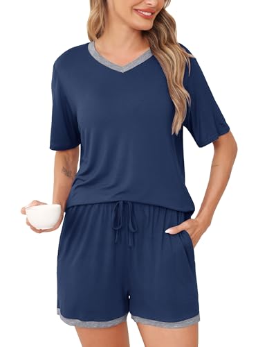 Wikoan Kurzer Schlafanzug Damen Pyjama Sommer Nachtwäsche Set Frauen Zweiteiliger Pyjama Sets Kurzarm Schlafanzüge mit Taschen Dunkelblau S von Wikoan