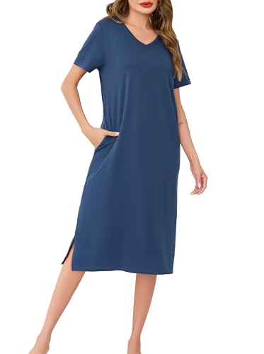 Wikoan Lange Nachthemd Damen Baumwolle Nachtwäsche Nachtkleid Schlafshirt Loungewear Sleepshirt Kurzarm Sommer mit Taschen Kobaltblau XL von Wikoan