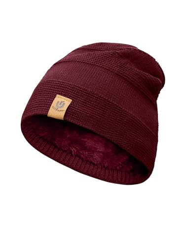 Wikoan Mütze Herren Winter, Slouch Strickmützen für Herren Damen Warme Fleece Mützen Beanie Frauen Winddichte Wintermütze Männer Beanies Unisex Mütze Rot von Wikoan
