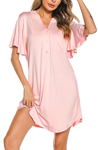 Wikoan Nachthemd Damen Baumwolle Schlafshirt Damen Kurz Knopfmit V-Ausschnitt Stillnachthemd Sommer für Frauen Rüschen Nightdress Rosa L von Wikoan