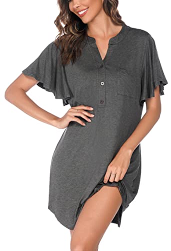 Wikoan Nachthemd Damen Baumwolle Schlafshirt Damen Kurz Knopfmit V-Ausschnitt Stillnachthemd Sommer für Frauen Rüschen Nightdress Dunkel Grau M von Wikoan