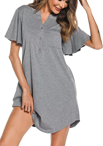 Wikoan Nachthemd Damen Baumwolle Schlafshirt Damen Kurz Knopfmit V-Ausschnitt Stillnachthemd Sommer für Frauen Rüschen Nightdress Grau S von Wikoan