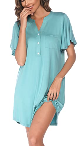 Wikoan Nachthemd Damen Baumwolle Schlafshirt Damen Kurz Knopfmit V-Ausschnitt Stillnachthemd Sommer für Frauen Rüschen Nightdress Hellgrün S von Wikoan