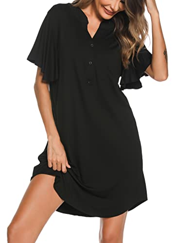 Wikoan Nachthemd Damen Baumwolle Schlafshirt Damen Kurz Knopfmit V-Ausschnitt Stillnachthemd Sommer für Frauen Rüschen Nightdress Schwarz XXL von Wikoan