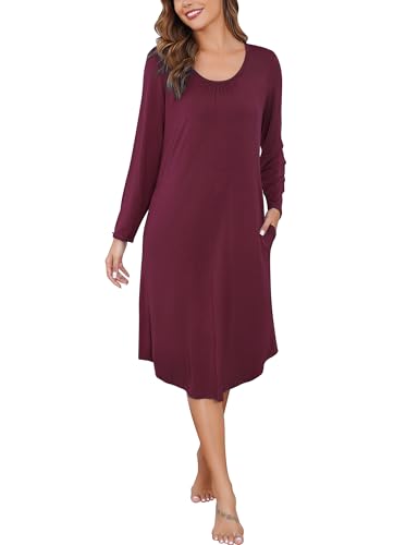 Wikoan Nachthemd Damen Elegant Schlafshirt Langarm Nachthemd Weich Schlafkleid Lange Nachthemden Nachtkleid Hauskleid Damen Winter Burgunderrot M von Wikoan