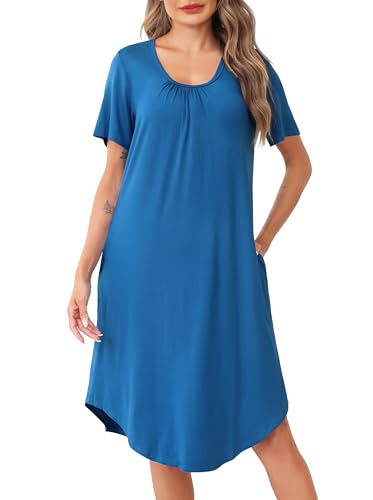 Wikoan Nachthemd Damen Kurzarm Elegant Schlafshirt Weich Schlafkleid Lange Nachthemden Nachtwäsche Nachtkleid Hauskleid Damen Sommer Hellblau L von Wikoan