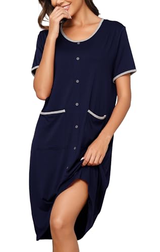 Wikoan Nachthemd Damen Kurzarm Nachthemden für Damen Nachtkleid Schlafshirt Damen Oversize mit Dekor Knopfleiste Schlafkleid Marine Blau XXL von Wikoan