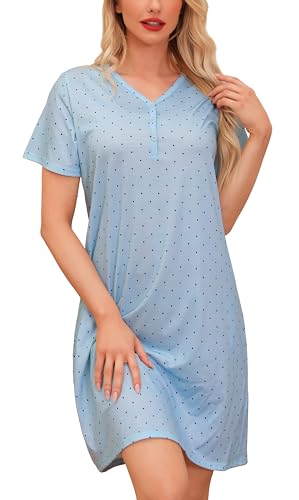 Wikoan Nachthemd Damen Kurzarm Schlafshirt Baumwolle Print Schlafhemd Sleepshirt Frauen Nachtwäsche Sommer Sleepshirt Nachtkleid Blaue Blumen XXL von Wikoan