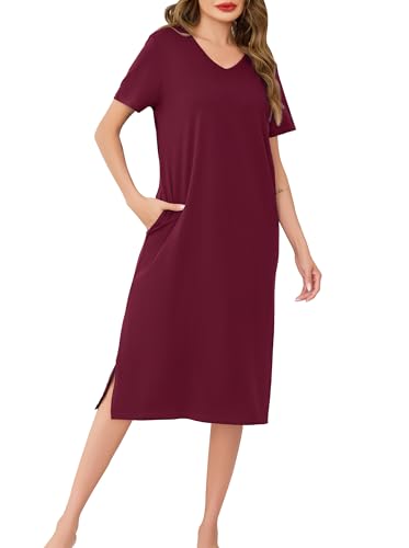 Wikoan Nachthemd Damen Kurzarm Schlafshirt V-Ausschnitt Sommer Nachthemden Lang Nachtwäsche Weiches Sleepshirt mit Taschen Burgunderrot M von Wikoan