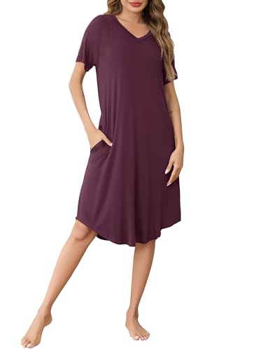 Wikoan Nachthemd Damen Lang Nachthemden Kurzarm Schlafshirt V-Ausschnitt Nachtwäsche Sommer Sleepshirt Lounge Kleid mit Taschen Burgunderrot M von Wikoan