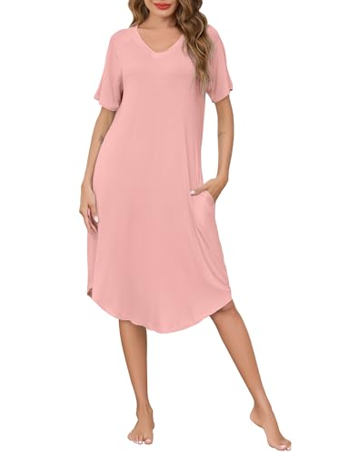 Wikoan Nachthemd Damen Lang Nachtwäsche Sommer Schlafshirt Nachthemden Kurzarm Schlafhemd V-Ausschnitt Stillnachthemd mit Taschen Rosa M von Wikoan