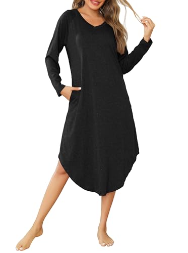 Wikoan Nachthemd Damen Langarm Baumwolle Schlafkleid V-Ausschcnitt Weich Nachthemd Lang Stillnachthemd Sleepshirt Winter Nachtwäsche mit Taschen Schwarz XXL von Wikoan