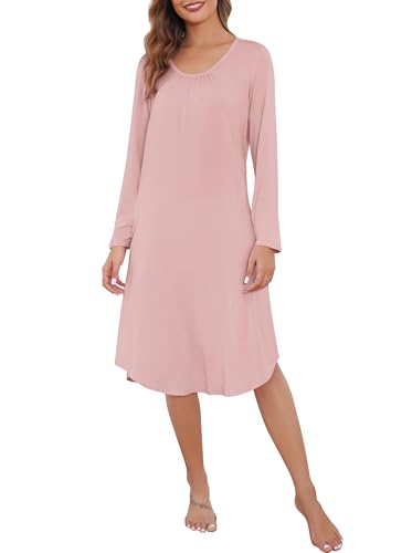 Wikoan Nachthemd Damen Langarm Elegant Schlafshirt Weich Schlafkleid Lange Nachthemden Nachtwäsche Nachtkleid Nachthemd Damen Winter Rosarot XL von Wikoan