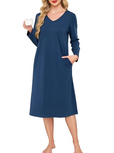 Wikoan Nachthemd Damen Langarm Schlafshirt Baumwolle Sleepshirt Frauen Nachtwäsche Winter Nachtkleid Lang Nachthemden mit Taschen Kobaltblau 3XL von Wikoan