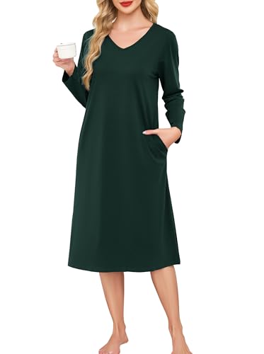 Wikoan Nachthemd Damen Langarm Schlafshirt Lang Nachtkleid V-Ausschnitt Sleepshirt Weiche Nachtwäsche Hauskleid Schlafhemd mit Taschen Dunkelgrün XXL von Wikoan